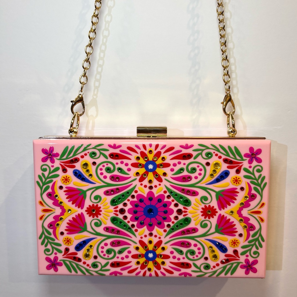 Floral Pink Clutch Bag With Rhinestones